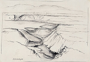 Ferdinand Stransky, Landschaft bei Jedenspeigen, schwarze Kreide/Papier, 1981 