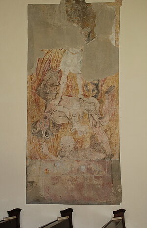 Schwarzau im Gebirge, Pfarrkirche hl. Nikolaus, Hl. Michael mit Seelenwaage, die Teufel stürzend, 2. Hälfte 16. Jh. (Fragment)