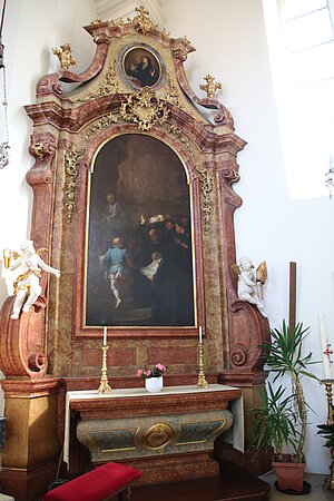 Maria Roggendorf, Pfarr- und Wallfahrtskirche Mariae Geburt, Seitenaltar, Tod des hl. Benedikt, Martin Johann Schmidt, 1762