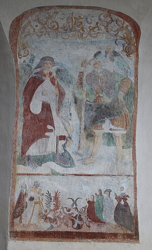 Rappottenstein, Pfarrkirche hll. Peter und Paul, Fresko Hl. Rochus und hl. Christophorus mit Stiftern, Anfang 16. Jh.