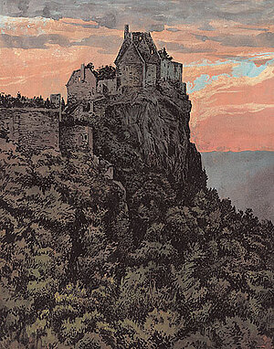 Hubert Landa, Burgruine Aggstein, Tempera, Tuschpinsel/braunes Naturpapier, um 1910/15