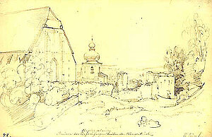 Thomas Ender, St. Othmarkirche in Mödling, Bleistiftzeichnung, 17,8x27,6 cm, um 1830