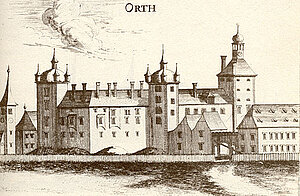 Schloss Orth, Kupferstich von Georg Matthäus Vischer, aus: Topographia Archiducatus Austriae Inferioris Modernae, 1672