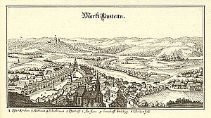 Amstetten, Kupferstich von Matthäus Merian, aus: Topographia Provinciarum Austriacarum,  Frankfurt am Main 1679