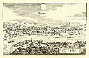 Pöchlarn, Kleinpöchlarn, Schloss Zelking, Stich Merian, Kupferstich und Radierung, 18,2x29 cm, 1649, NÖLM