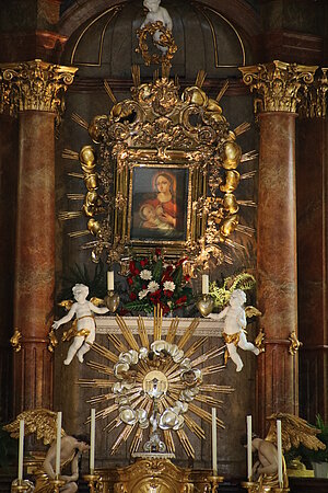 Purkersdorf, Pfarrkirche hl. Jakobus der Ältere, Gnadenbild auf dem Hochaltar, "Maria Trösterin der Betrübten", um 1700