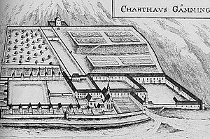 Kartause Gaming, Kupferstich von Georg Matthäus Vischer, aus: Topographia Archiducatus Austriae Inferioris Modernae, 1672