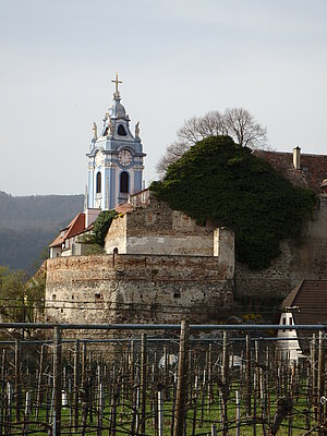 Dürnstein, Stadtmauer, im Hintergrund der Turm der Stiftskirche
