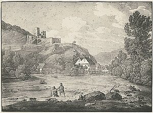 Jakob Alt/Adolf Friedrich Kunike, Die Ruine Hinterhaus, Kreidelithografie, 25,8x35,4 cm, 1820-1826, NÖLM