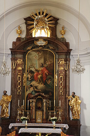 Leopoldsdorf im Marchfeld, Pfarrkirche hl. Markus, Hochaltar mit Altarbild von Schöpf
