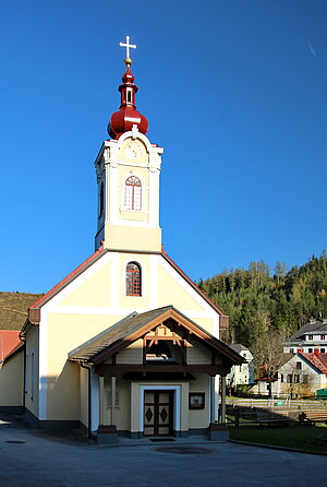 Mitterbach am Erlaufsee, evangelische Pfarrkirche A.B., Bethaus 1785 geweiht, 1849 der Fassadenturm errichtet