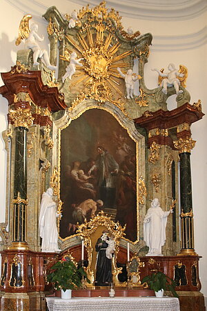 St. Pölten, Rathausplatz, Pfarrkirche zur hll. Dreifaltigkeit, Wandsäulenretabel von A. Gruber 1770-72, Altarblatt von Martin Johann Schmidt, Johannes  von Nepomuk verteilt Almosen, 1771