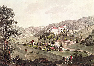 Anton Köpp von Felsenthal, Das Schloss Feistritz, Kolorierte Umrissradierung, 32x39,3 cm, 1814