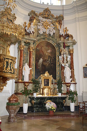 St. Pölten, Rathausplatz, Pfarrkirche zur hll. Dreifaltigkeit, Wandsäulenretabel von A. Gruber 1770-72, Altarblatt von Martin Johann Schmidt, Tod der Theresa von Avila, 1772