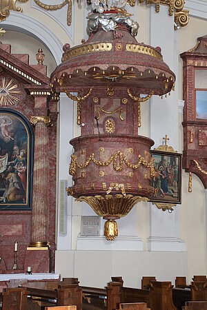 Hoheneich, Pfarr- und Wallfahrtskirche Unbefleckte Empfängnis, Kanzel von 1780 mit Zopf- und Plattendekor