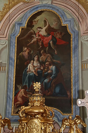 Inzersdorf ob der Traisen, Pfarrkirche hl. Petrus, Hochaltar, Altarblatt hl. Familie, Ernst Friedrich Angst, 1744