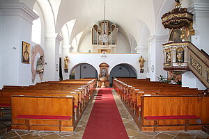 Langau, Pfarrkirche Mariae Himmelfahrt, Blick gegen die Orgelempore