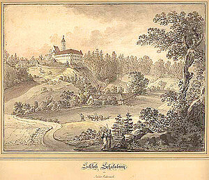 Johann Josef Schindler, Das Schloss Schallaburg, lavierte Tuschfederzeichnung, 30,5x41,5 cm, um 1795-1800