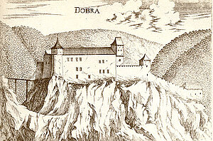 Burg Dobra, Kupferstich von Georg Matthäus Vischer, aus: Topographia Archiducatus Austriae Inferioris Modernae, 1672