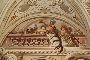 Rosenau-Schloss, Schloss Rosenau, Vorhalle mit allegorischen Wandmalereien von Johann Rincolin, 1747
