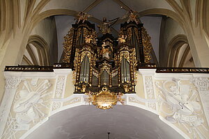 Ybbs an der Donau, Portal der Pfarrkirche hl. Laurentius,  barocke Orgel von B. Heintzler, um 1723/25