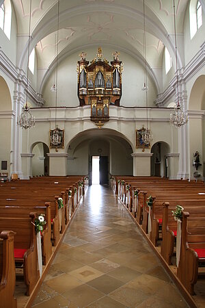 Loosdorf, Pfarrkirche hl. Lorenz, Blick Richtung Orgelempore