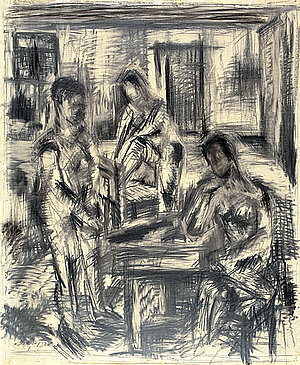 Ferdinand Stransky, Interieur mit drei Figuren, schwarze Kreide/Papier, 1933