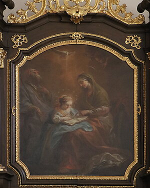 Gansbach, Pfarrkirche hl. Bartholomäus, Seitenaltar mit Altarblatt Unterweisung Mariae, Martin Johann Schmidt 1779