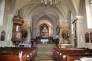 Furth, Pfarrkirche hl. Wolfgang, frühbarockes Langhaus, 1614-18, Blick Richtung Hochaltar