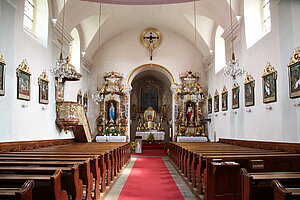 Bad Großpertholz, Pfarrkirche Hll. Bartholomäus und Thomas, Blick in das Kircheninnere, Einrichtung großteils 19. Jh.