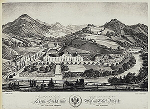 Barbarini/Lang, Töpper Eisen- und Walzblechwerk Neubruck, Lithografie, 52,2x80 cm, um 1840