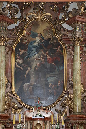 Mauerbach, Pfarr- und Wallfahrtskirche Mariae Himmelfahrt, Hochaltar, um 1722, Altarbild vom Wiener Schmidt
