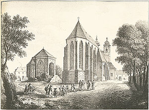 Jakob Alt/Adolf Friedrich Kunike, Pfarrkirche und Karner Tulln, Kreidelithografie, 25,5x34,4 cm, 1820-1826, NÖLM