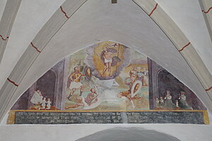 Friedersbach, Pfarrkirche hl. Lorenz, Triumphbogen, Auferstehung Christi mit Stifter, Ende 16. Jh. (?)