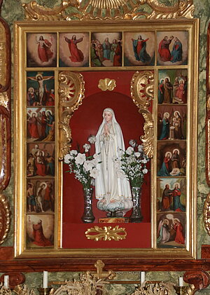 Lichtenegg, Pfarrkirche hl. Jakob der Ältere, linker Seitenaltar, umlaufende Bilderfolge Rosenkranzgeheimnisse, 1869