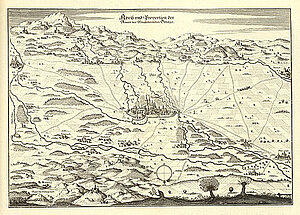 Umgebung von Wiener Neustadt, Kupferstich von Matthäus Merian, aus: Topographia Provinciarum Austriacarum,  Frankfurt am Main 1679