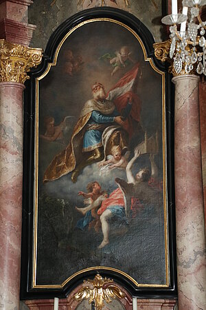 Maria Dreieichen, Pfarr- und Wallfahrtskirche Zur Schmerzhaften Muttergottes, Seitenaltarbild, Glorie des hl. Leopold, Martin Johann Schmidt, 1768