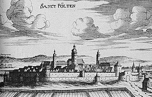 St. Pölten, Kupferstich von Georg Matthäus Vischer, aus: Topographia Archiducatus Austriae Inferioris Modernae, 1672