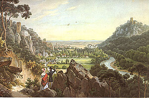 Ernst Welker, Blick aus dem Helenental auf Baden, Aquarell, um 1830, NÖLM