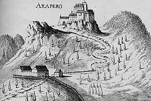 Kaumberg, Araburg, Kupferstich von Georg Matthäus Vischer, aus: Topographia Archiducatus Austriae Inferioris Modernae, 1672