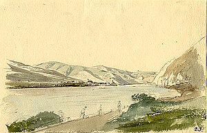 Thomas Ender, Blick auf Wösendorf u. Weißenkirchen, Bleistift, aquarelliert, um 1830