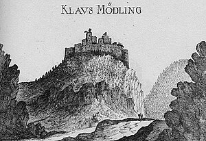 Burg Mödling, Kupferstich von Georg Matthäus Vischer, aus: Topographia Archiducatus Austriae Inferioris Modernae, 1672