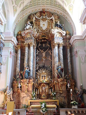 Maria Jeutendorf, Pfarr- und Wallfahrtskirche Schmerzhafte Muttergottes, Hochaltar, 1723 von Benedikt Stöber errichtet, ursprünglich für die Wiener Servitenkirche angefertigt