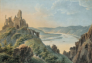 Tobias Dionys Raulino, Blick von der Burgruine Dürnstein ins Donautal, Aquarell über Bleistift/Papier, um 1825