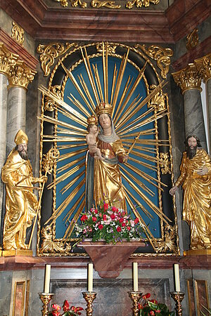 Ybbsitz, Pfarrkirche hl. Johannes der Täufer, Marienaltar in der Süd-Kapelle, Marienstatue 2. Hälfte 15. Jh.