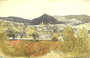 Thomas Ender, Schloss Roggendorf in Pöggstall, Aquarellierte Bleistiftzeichnung, 25,2x38,1 cm, um 1830, NÖLb
