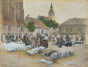 Johann Nepomuk Geller, Geschirrmarkt in Krems, Gouache, Tempera, schwarze Kreide/Papier/Karton, um 1910/15