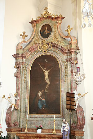 Maria Roggendorf, Pfarr- und Wallfahrtskirche Mariae Geburt, Seitenaltar, Christus am Kreuz, Martin Johann Schmidt, 1762
