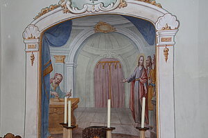 Michelhausen, Pfarrkirche hl. Petrus und Paulus, Freskenausstattung durch Josef von Mölck, 1784 - Gleichnis vom Opfer der Witwe (in Nische hinter Opferstock)
