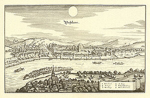 Pöchlarn, Kleinpöchlarn, Schloss Zelking, Kupferstich von Matthäus Merian, aus: Topographia Provinciarum Austriacarum,  Frankfurt am Main 1679